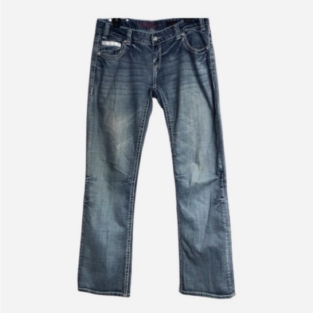 Rock & Roll Cowgirl Flap Pocket Low Rise Boot Cut Blue Jeans 31x34